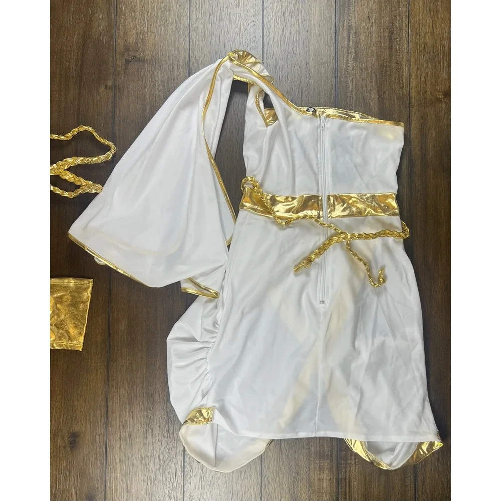 Forplay Greek Goddess Costume White Gold One Shoulder Dress Set S/M 551026 NEW - Picture 6 of 6